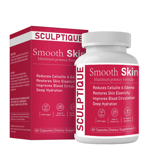 Sculptique smoothing skin capsules bottle promotes smoother skin and elasticity