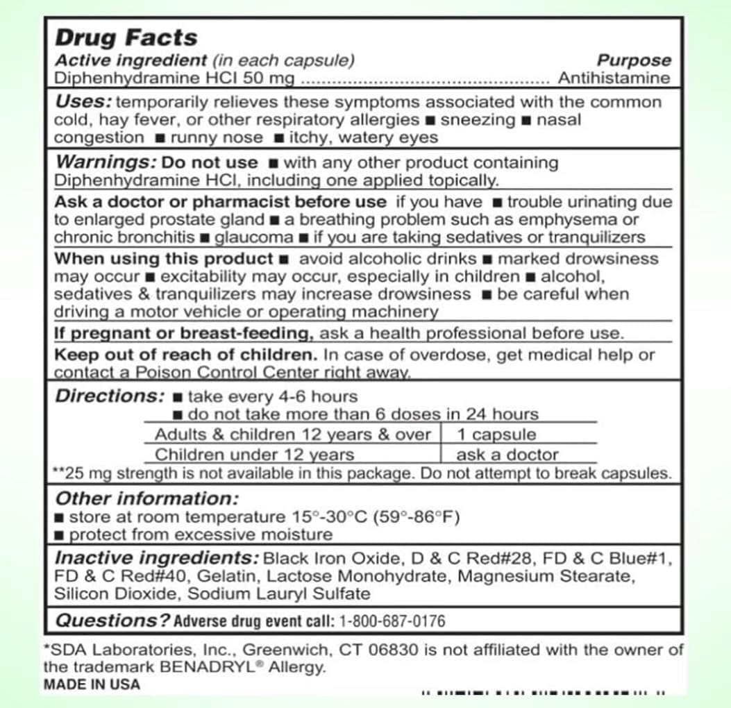 SDA Laboratories Diphenhydramine 50mg bottle scene highlighting long-term household supply