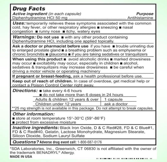 SDA Laboratories Diphenhydramine 50mg bottle scene highlighting long-term household supply