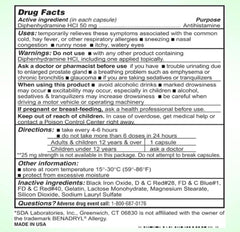 SDA Laboratories Diphenhydramine 50mg bottle scene highlighting long-term household supply