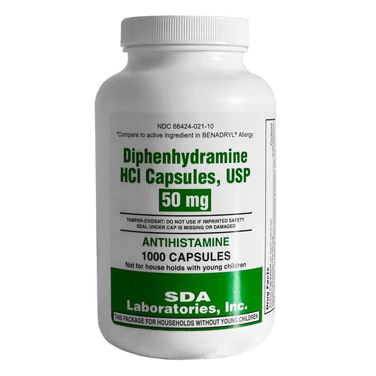 SDA Laboratories Diphenhydramine 50mg capsule closeup illustrating easy intake and quick relief potential