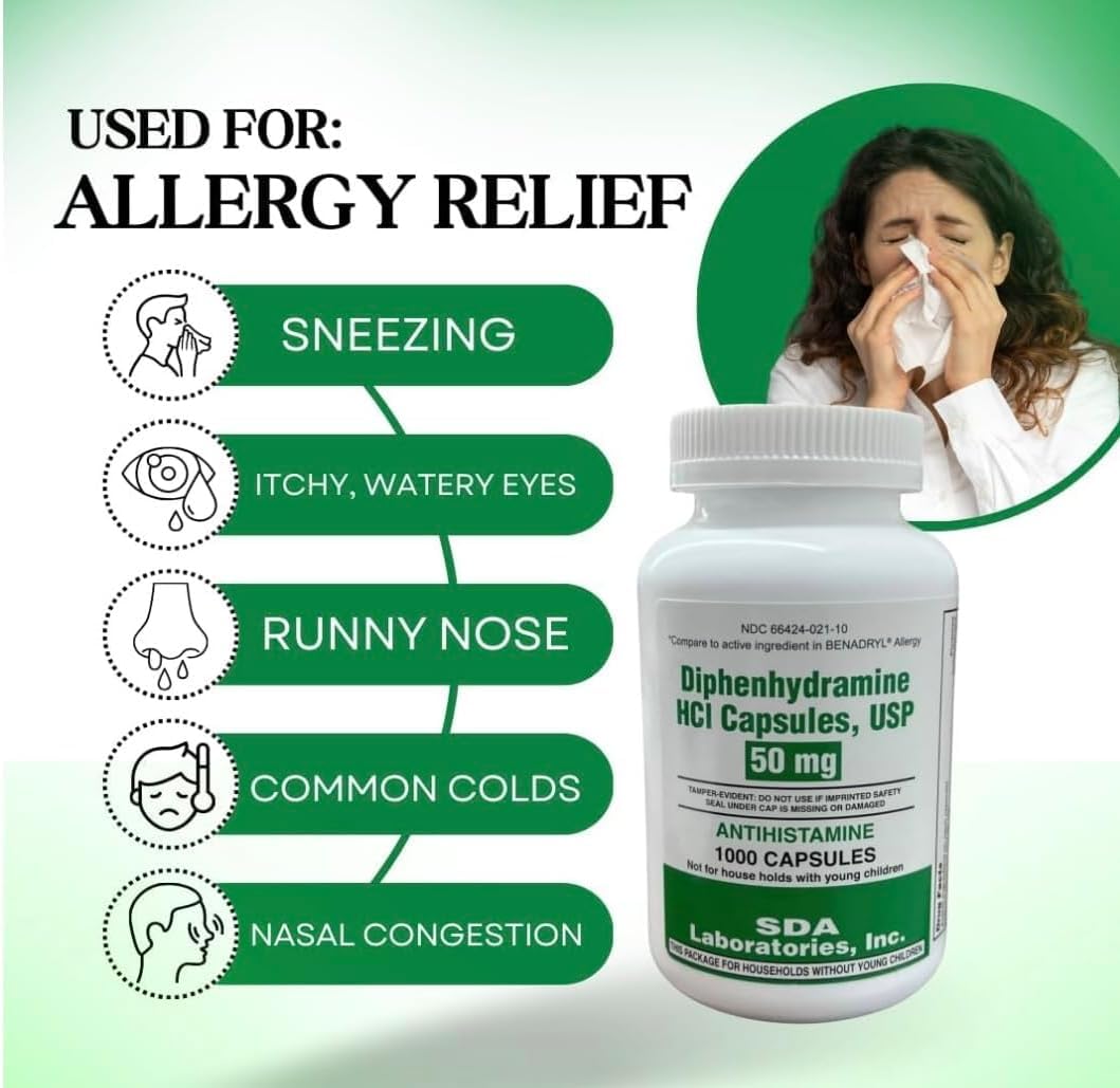 SDA Laboratories Diphenhydramine 50mg family tablet access indicating shared household use
