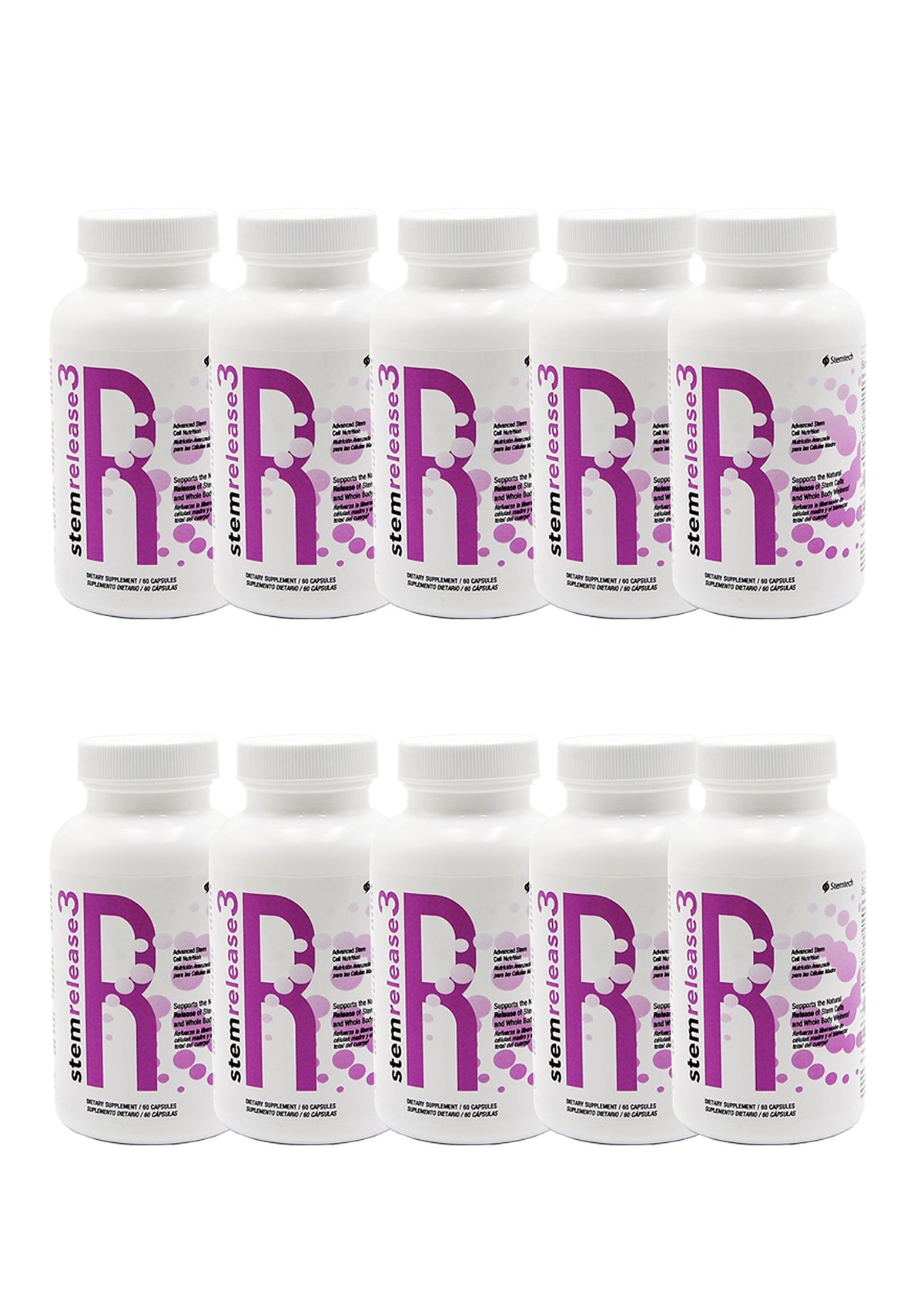 SE3 StemRelease bottle and capsules for daily wellness support and convenient 60-count packaging.