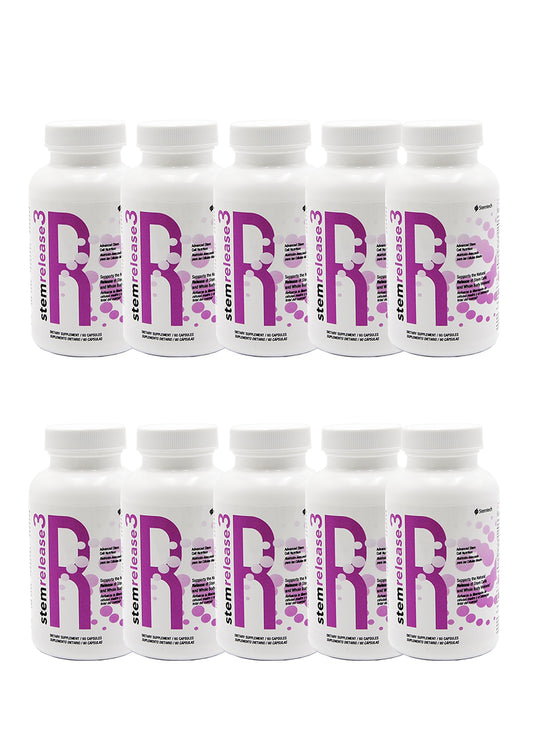 SE3 StemRelease bottle and capsules for daily wellness support and convenient 60-count packaging.