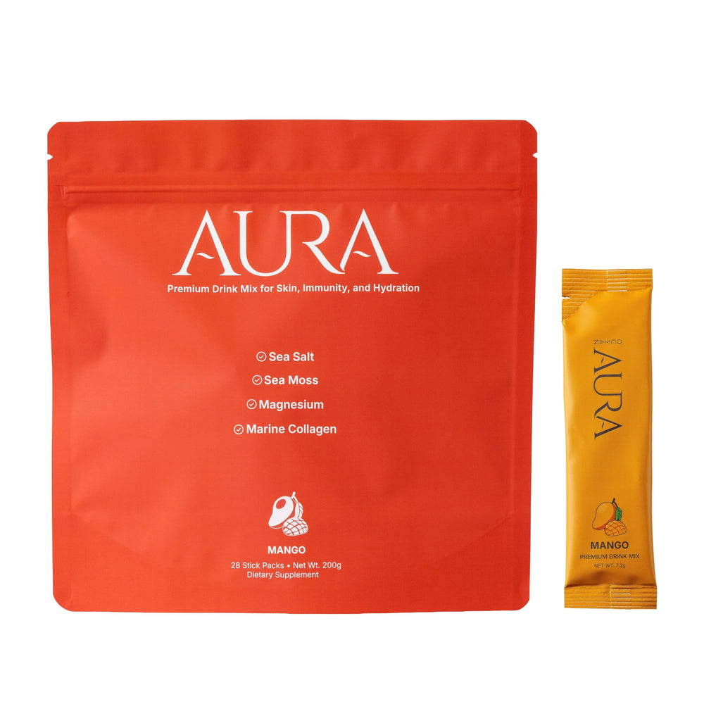 Sea Bloom Labs Ocean Aura Mango 28-pack powder with minerals supports daily hydration.
