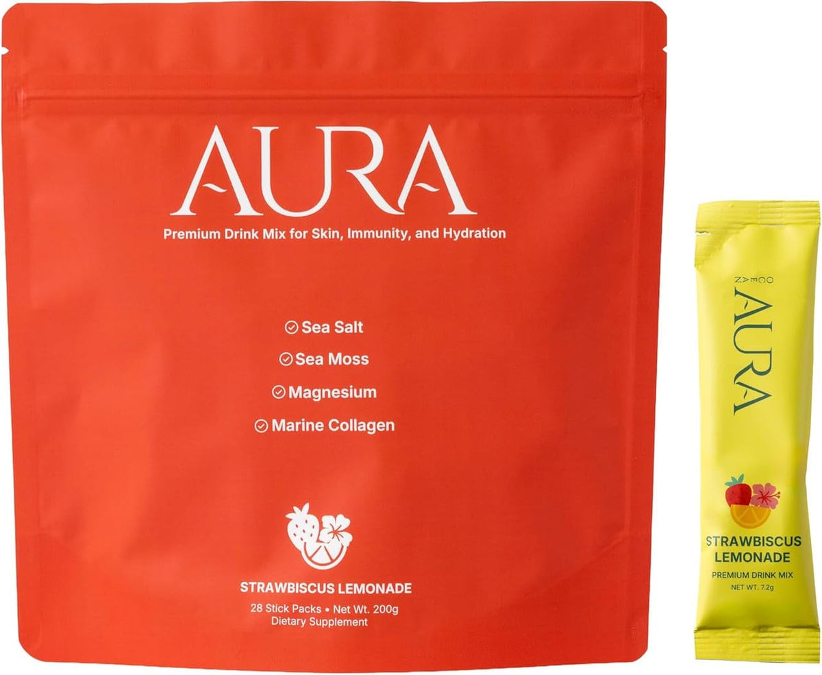 Sea Bloom Labs Ocean Aura Strawbiscus Lemonade stick pack for on-the-go hydration.