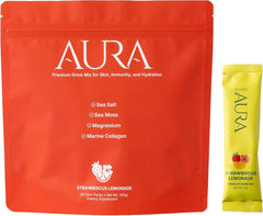 Sea Bloom Labs Ocean Aura Strawbiscus Lemonade stick pack for on-the-go hydration.