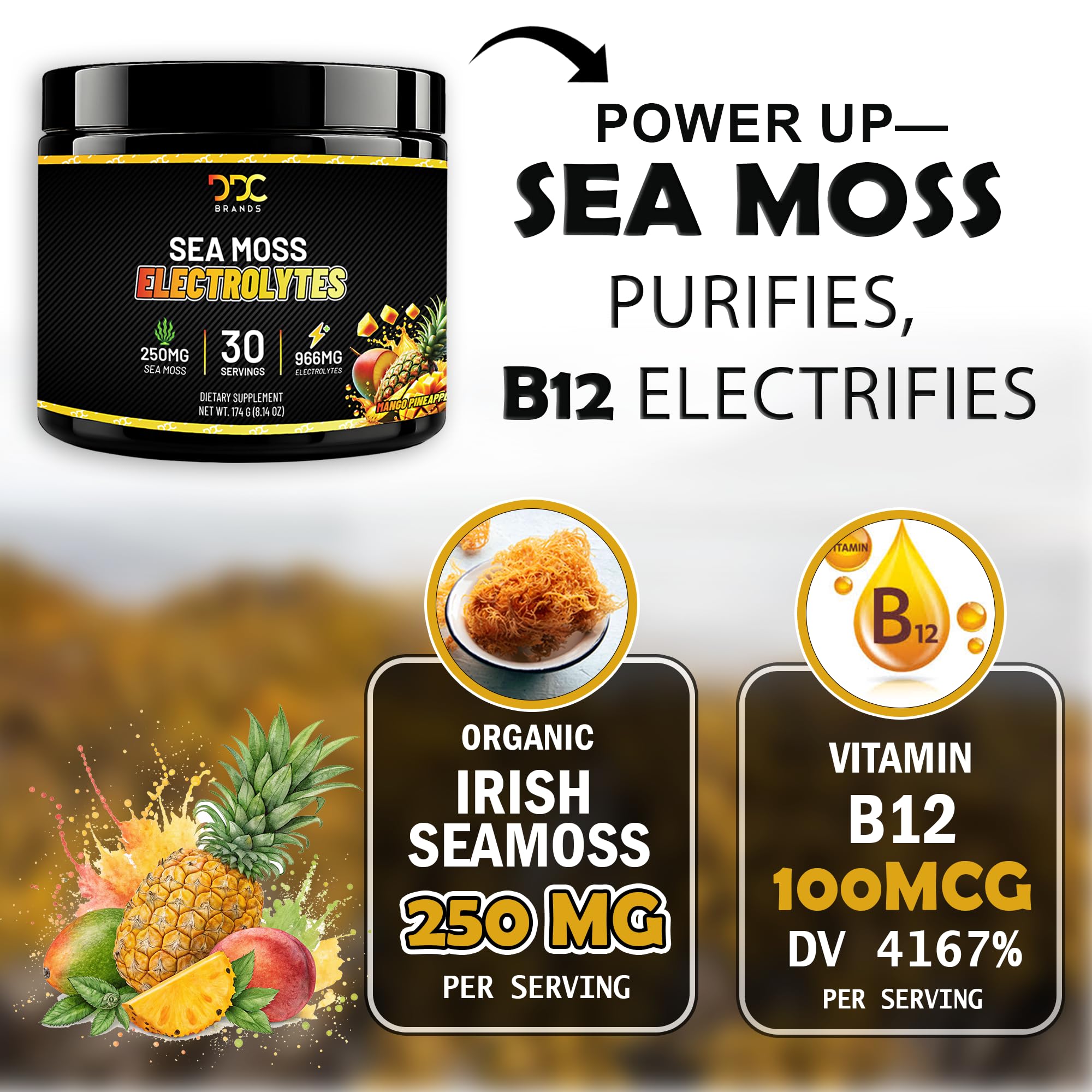Sea Moss Electrolytes ingredients label highlighting vitamins and minerals.