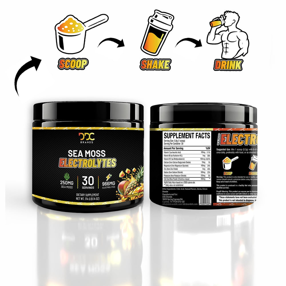 Sea Moss Electrolytes packaging side view showing zero sugar claim.