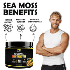 Sea Moss Electrolytes powder being dispensed into a glass for a tropical drink.