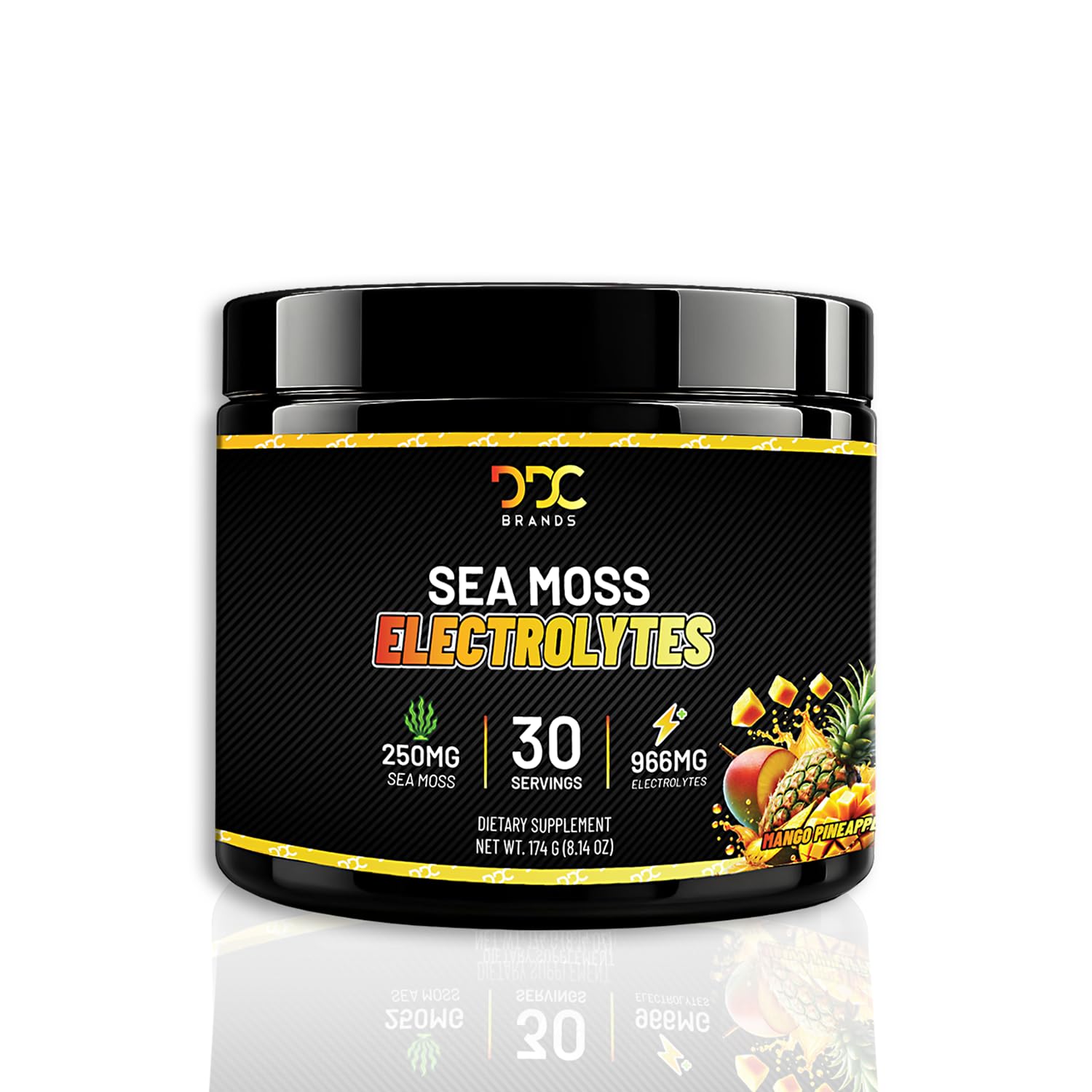 Sea Moss Electrolytes tub front with mango pineapple flavor for refreshing hydration.