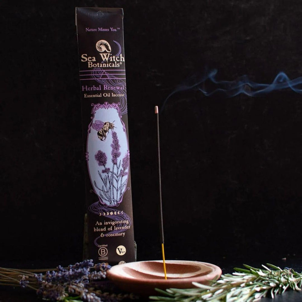 Relaxation ritual scene with Sea Witch Botanicals incense smoke and soft ambiance.