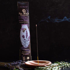 Relaxation ritual scene with Sea Witch Botanicals incense smoke and soft ambiance.