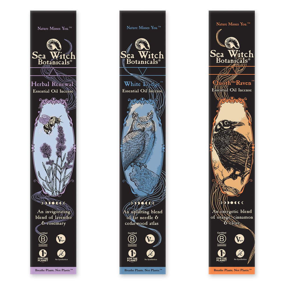 Sea Witch Botanicals Take-Flight Triad box front shows natural incense blends for mindful rituals.