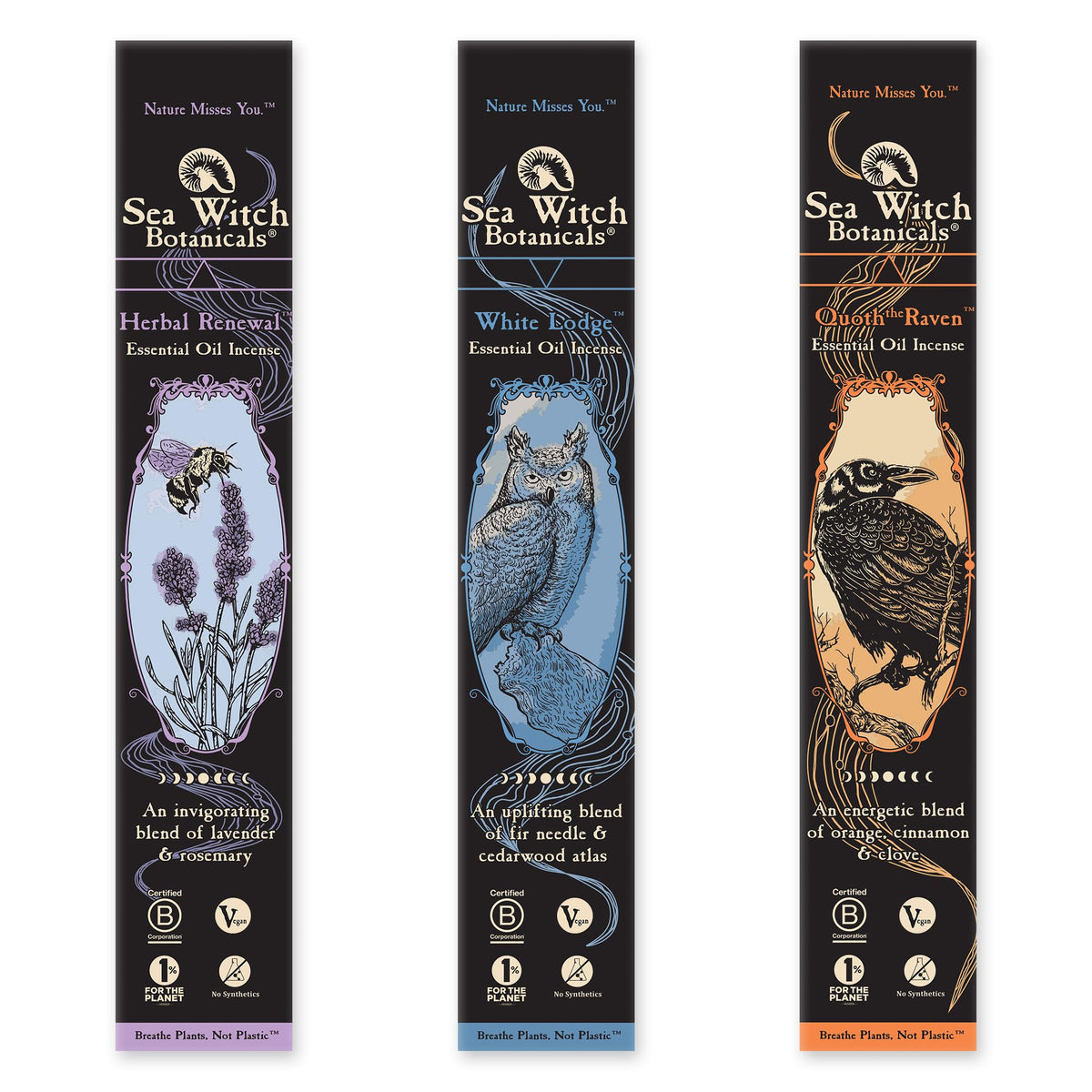 Sea Witch Botanicals Take-Flight Triad box front shows natural incense blends for mindful rituals.