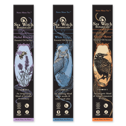 Sea Witch Botanicals Take-Flight Triad box front shows natural incense blends for mindful rituals.