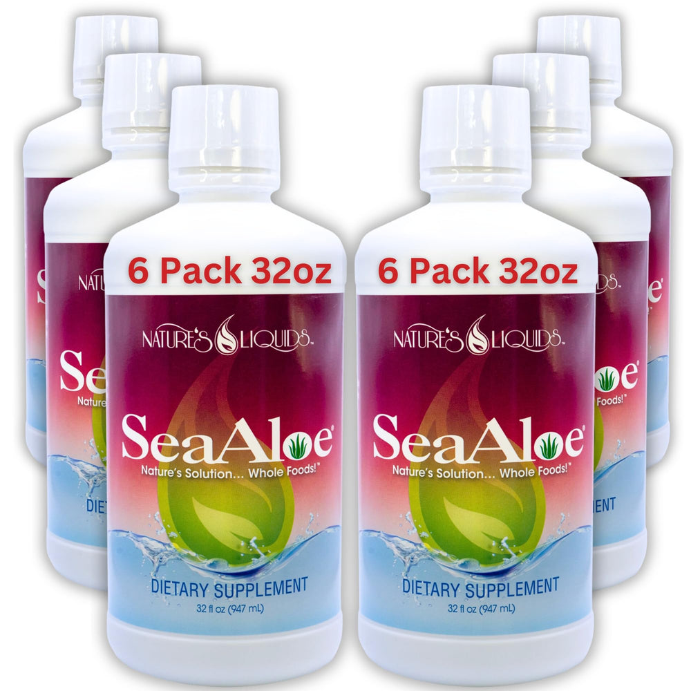 SeaAloe Nature's Liquids Aloe Vera Juice bottle pour highlights the oceanic blend for gentle digestion support.