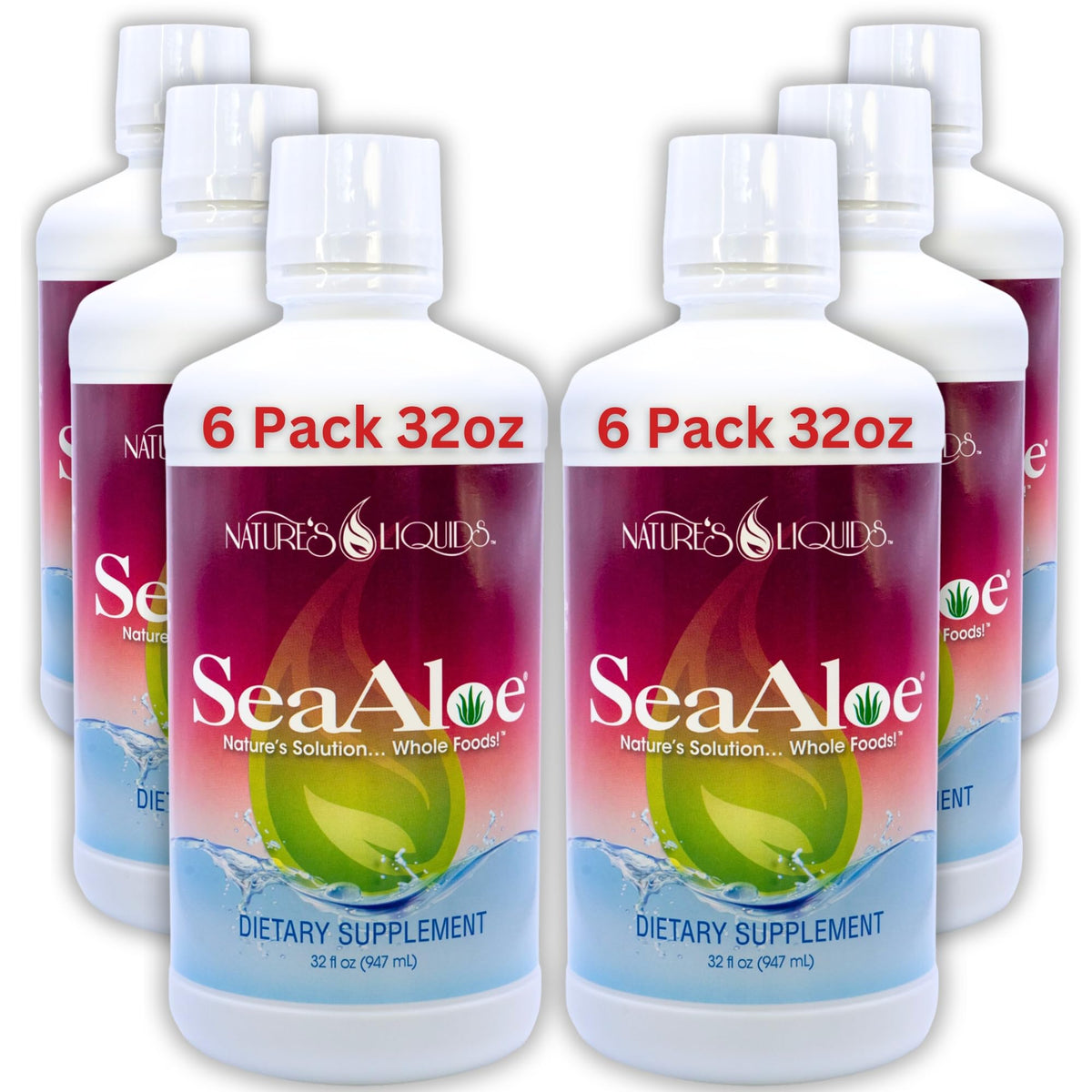 SeaAloe Nature's Liquids Aloe Vera Juice bottle pour highlights the oceanic blend for gentle digestion support.