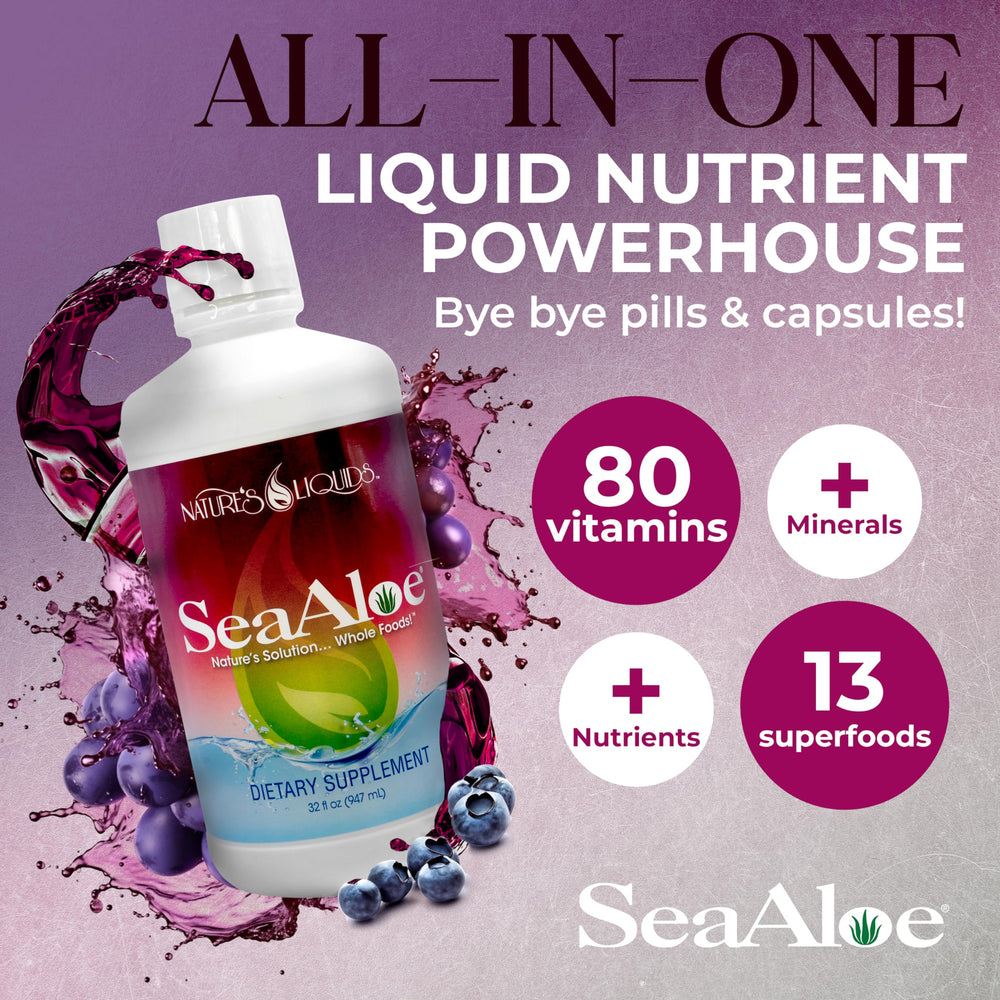 SeaAloe Nature's Liquids bottle closeup shows oceanic blend for hydration