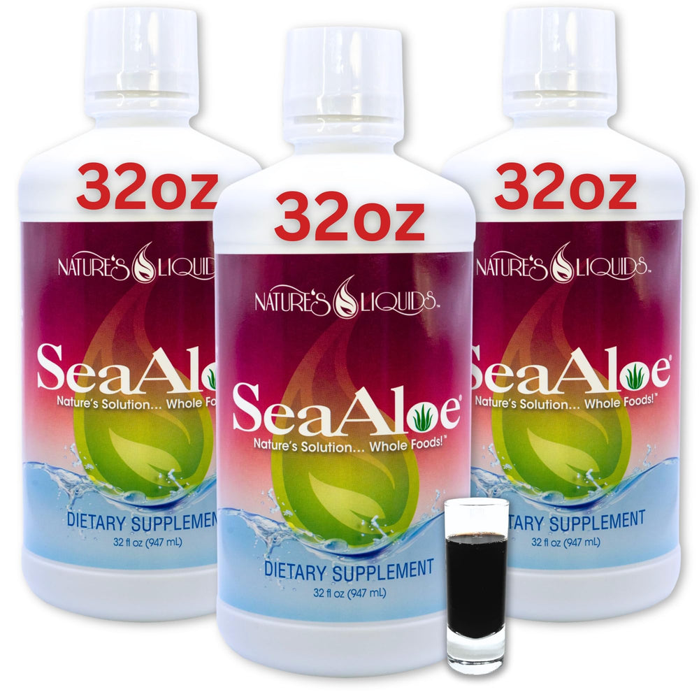 SeaAloe Nature's Liquids bottle pour shows refreshing aloe juice for daily use