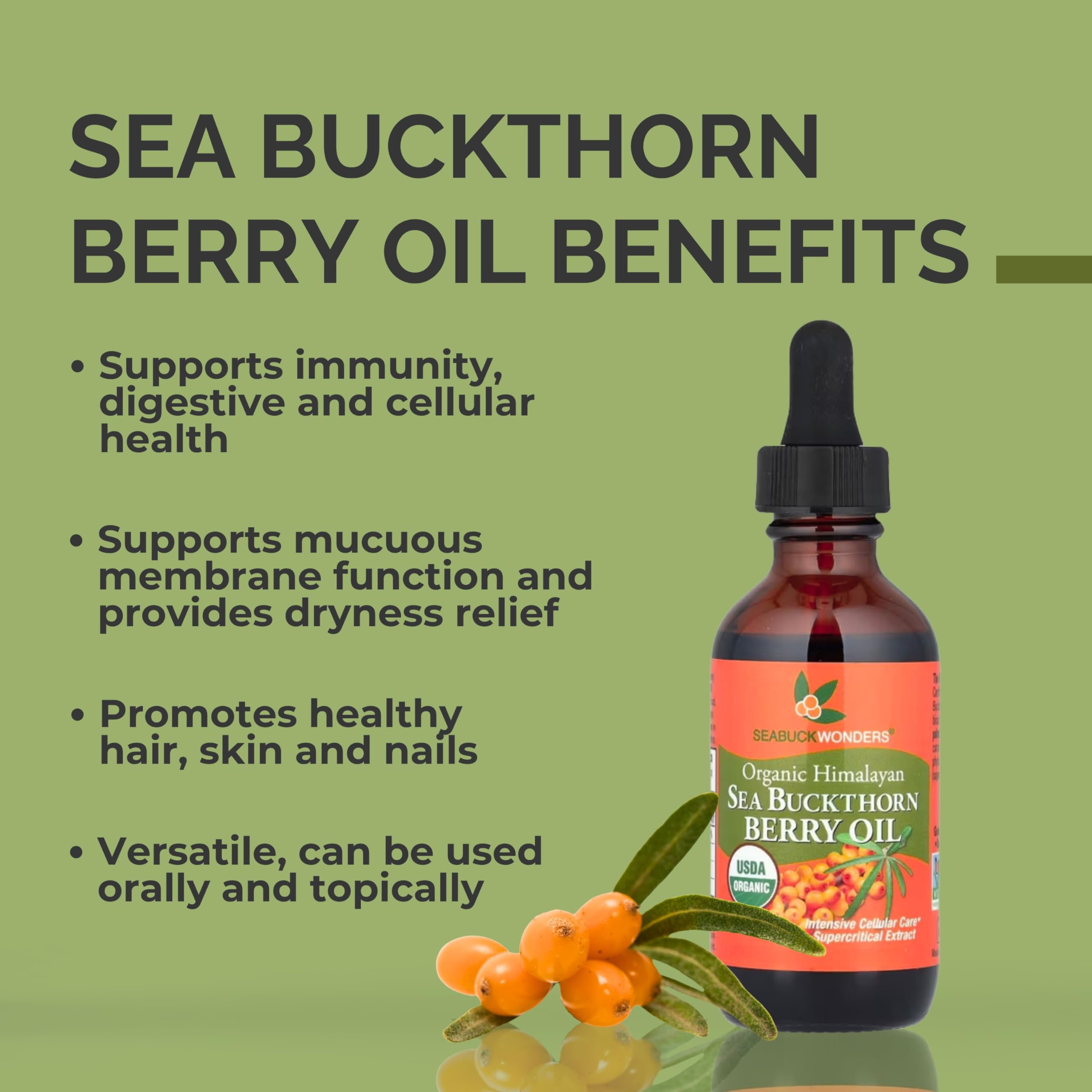 Dropper of SEABUCKWONDERS Sea Buckthorn Oil for precise internal dosing.