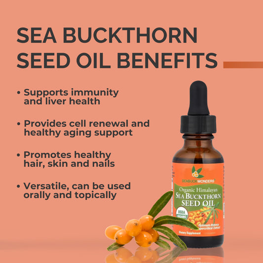 SEABUCKWONDERS organic seal on oil bottle signals purity for daily use