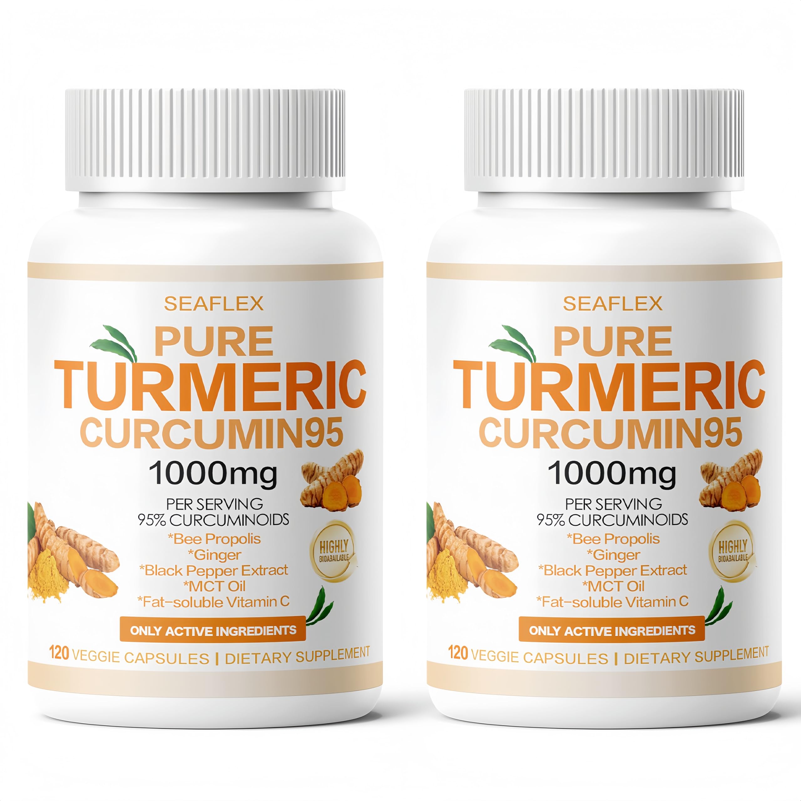 SEAFLEX Turmeric Curcumin 1000mg bottle front with bee propolis for daily wellness.