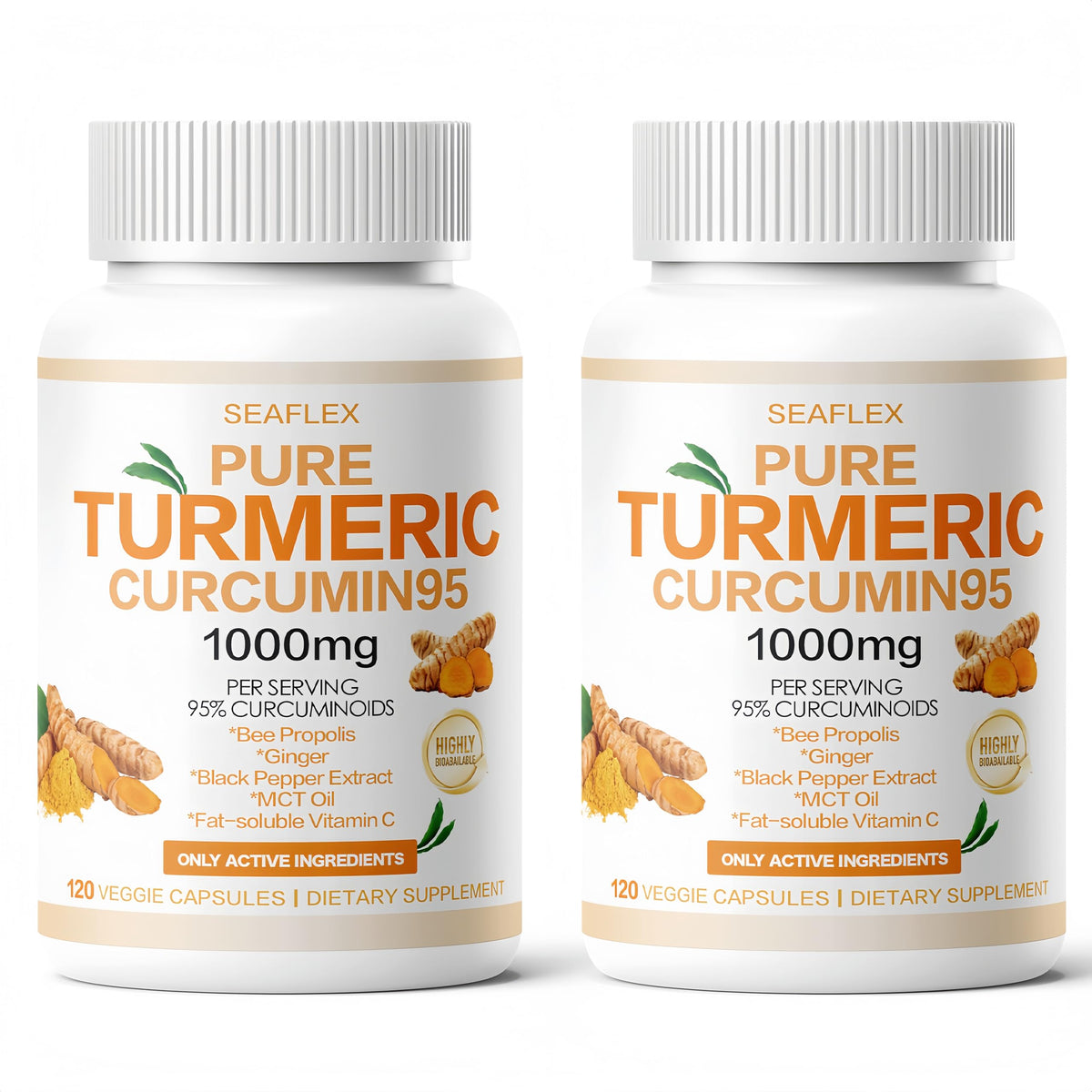SEAFLEX Turmeric Curcumin 1000mg bottle front with bee propolis for daily wellness.