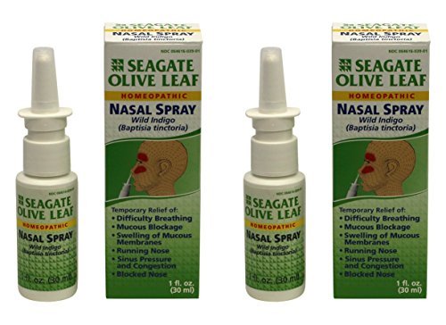 Seagate Olive Leaf Nasal Spray bottle showing natural, plant-based formula for temporary sinus relief.