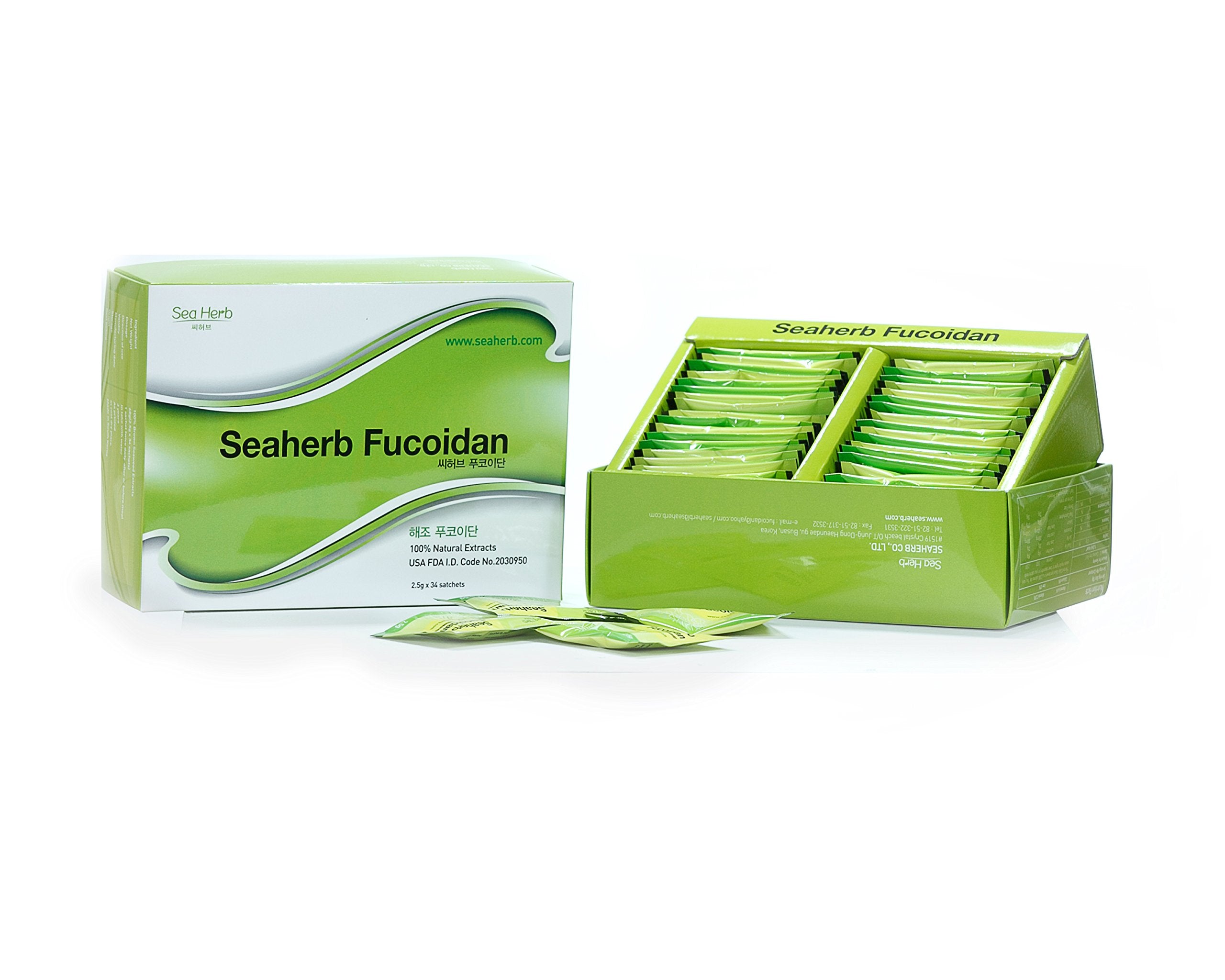 SeaHerb Fucoidan packaging highlighting 100% natural brown seaweed for daily wellness.