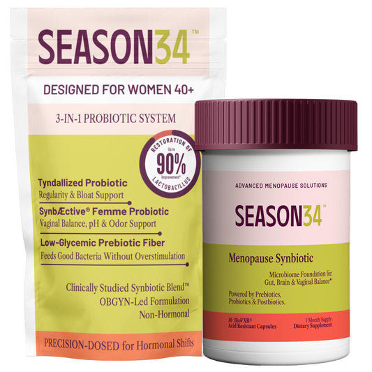 SEASON34 3-in-1 menopause probiotic bottle front promoting daily balance for vaginal and gut wellness.