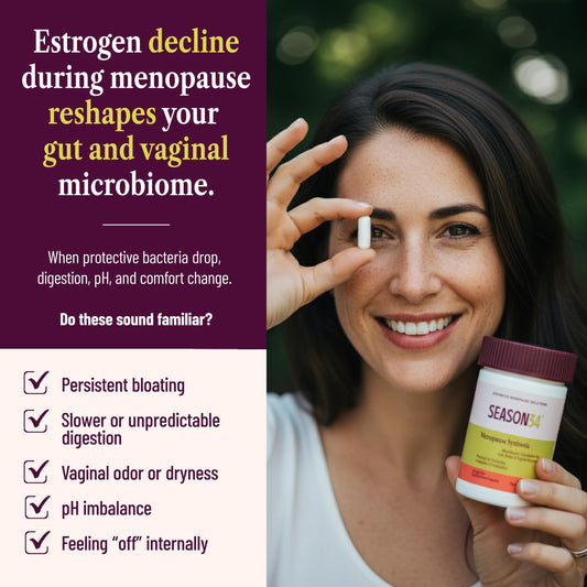 SEASON34 probiotic bottle label close-up highlights menopause-specific strains for vaginal balance.