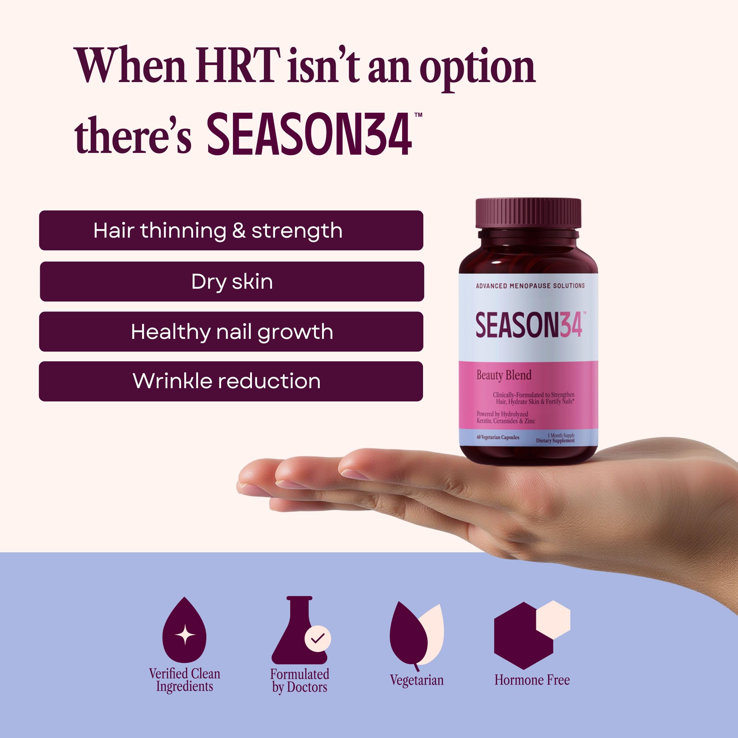 SEASON34 keratin peptides bottle helps reduce hair shedding and strengthen anchoring for fuller-looking hair.
