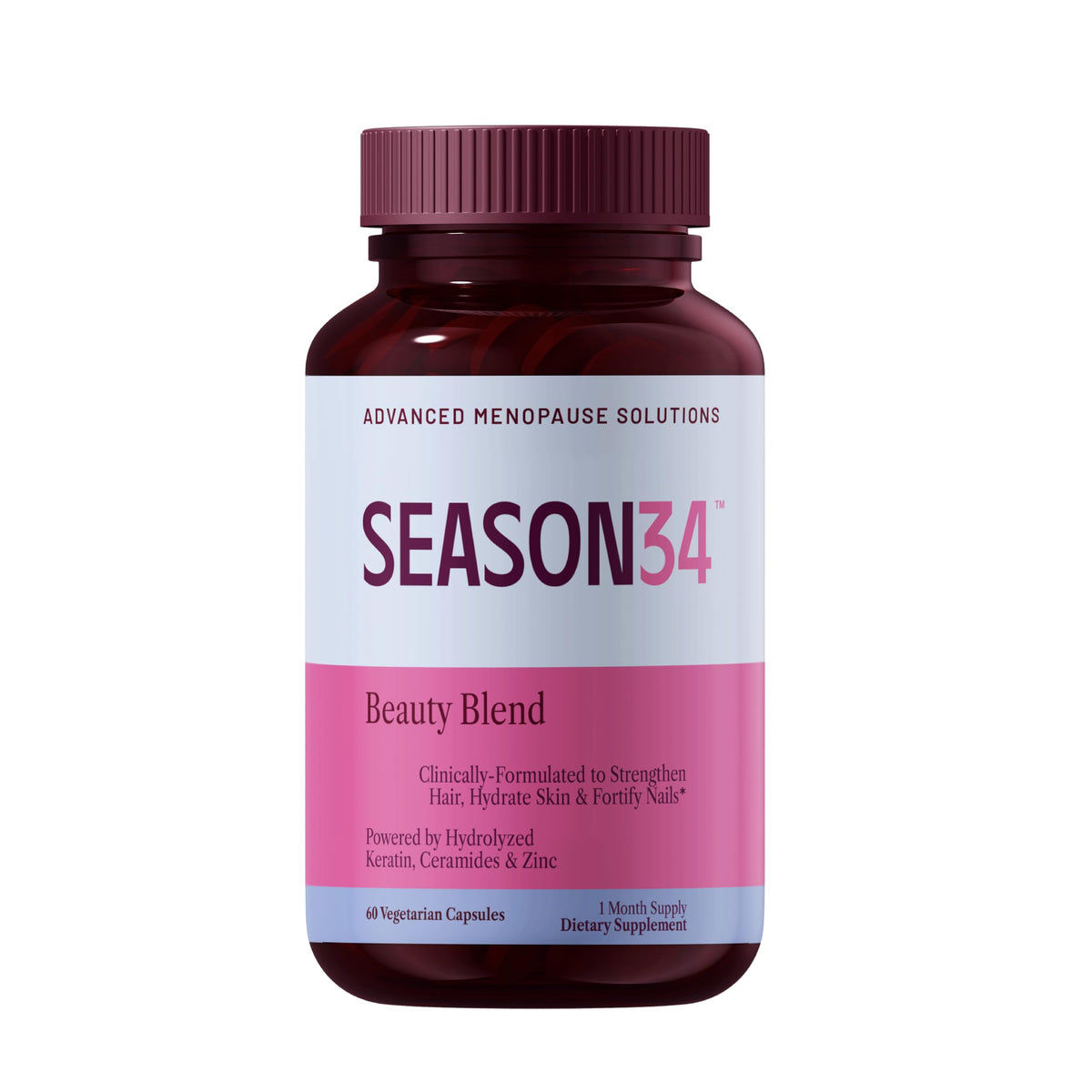 SEASON34 menopause beauty blend bottle supports daily hair care and skin hydration for midlife.