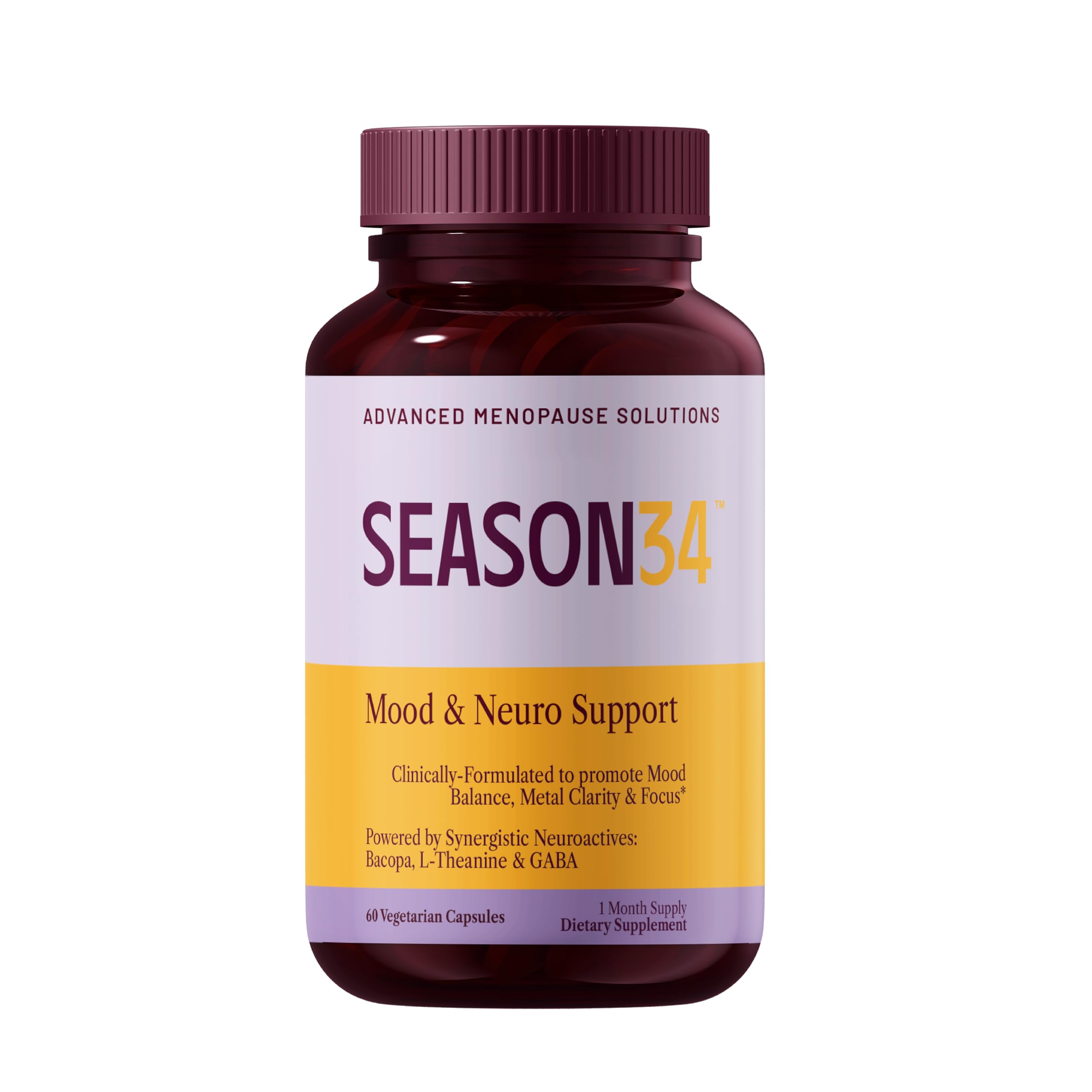 SEASON34 menopause mood memory bottle cap offers on-the-go non-hormonal focus support.
