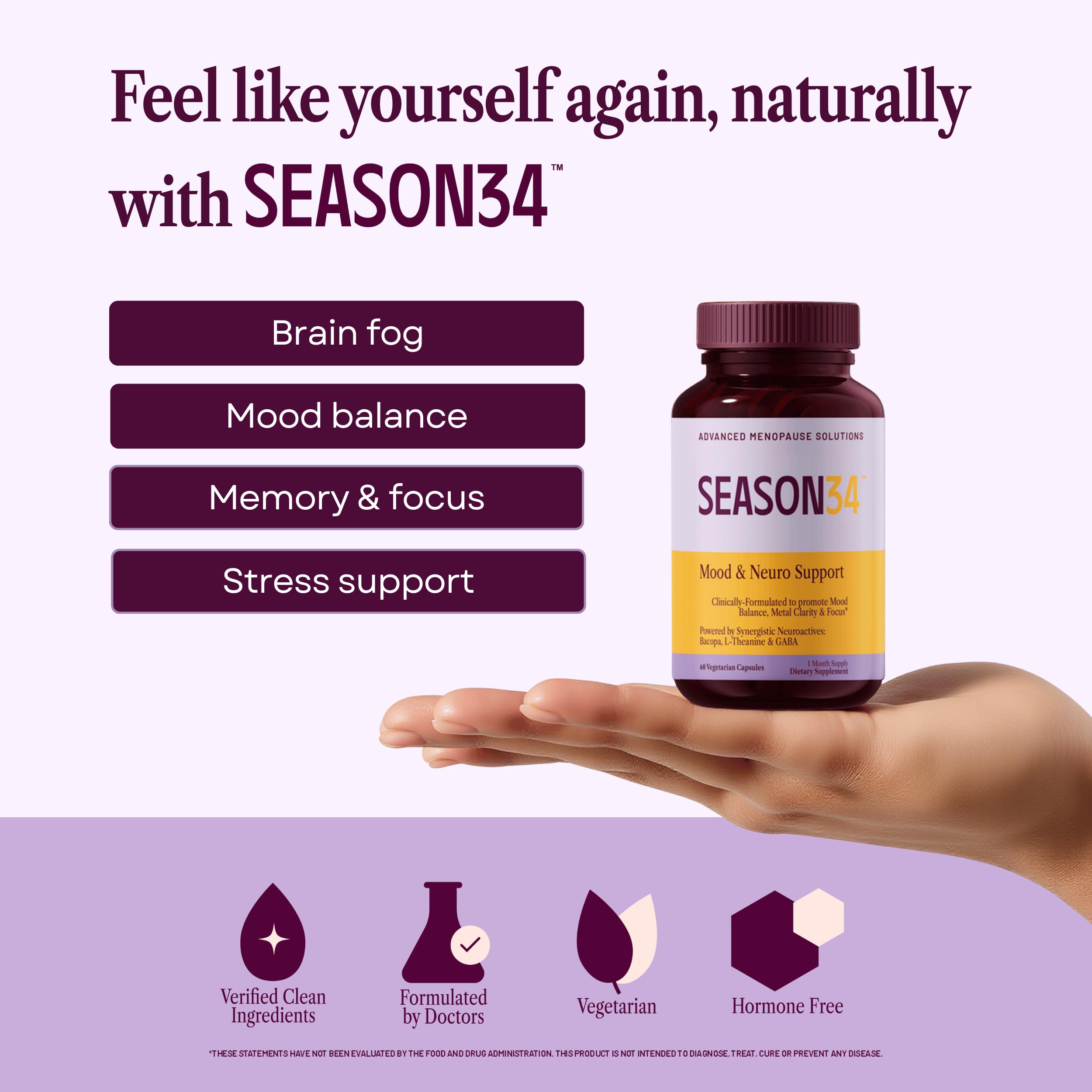 SEASON34 menopause mood memory bottle label highlights doctor-formulated cognitive support.
