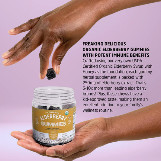 Seattle Elderberry Gummies ingredients close-up emphasizes organic elderberry and honey base
