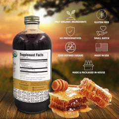 Close-up of Seattle Elderberry Syrup label highlighting organic, small-batch USA craft.