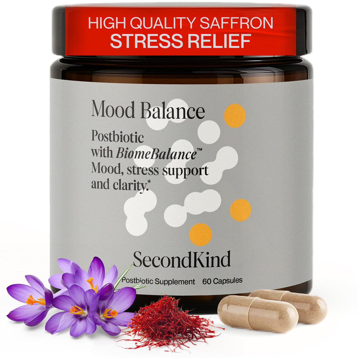 SecondKind Anxiety & Stress Relief bottle showing saffron capsules for daily calm.