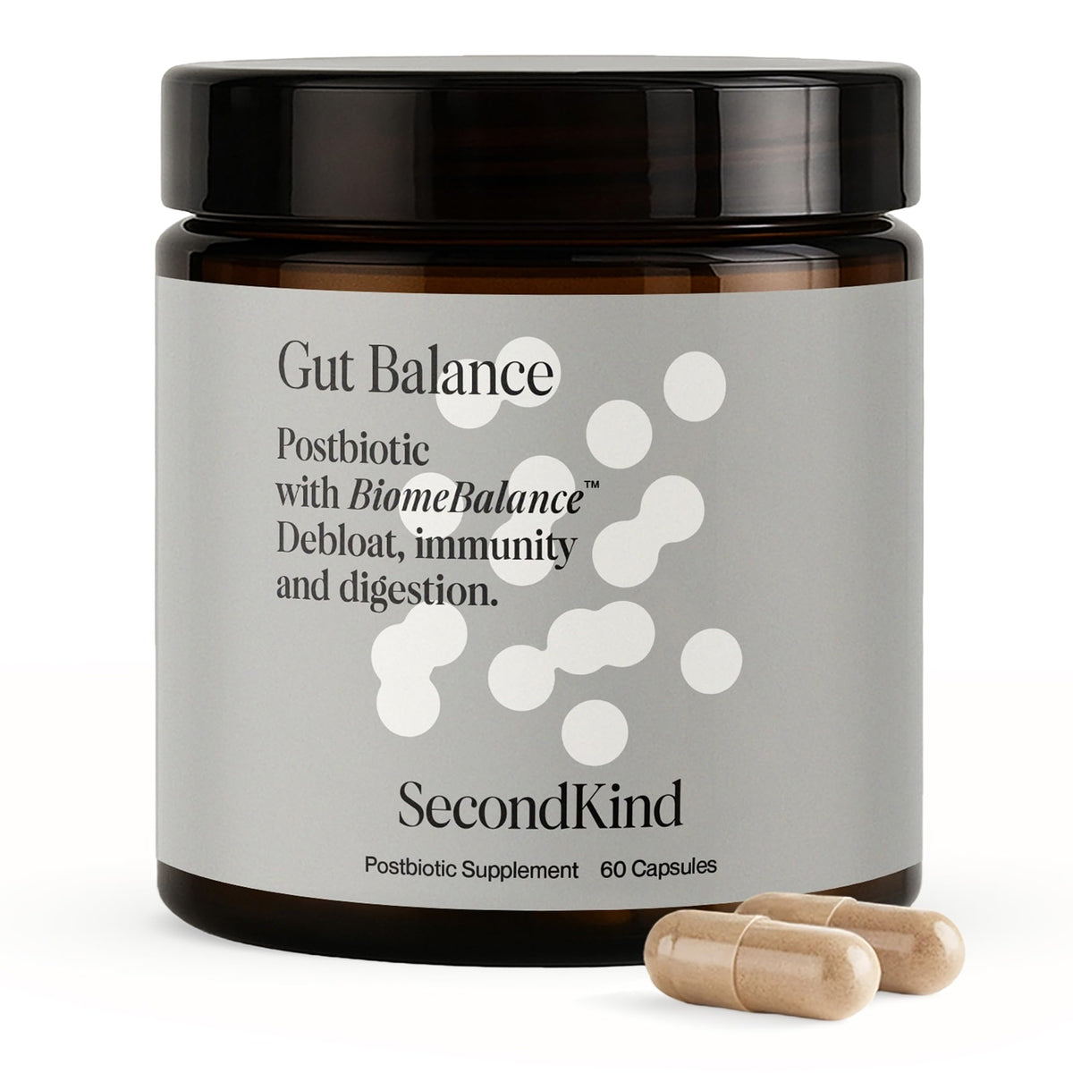 SecondKind gut balance bottle front showing postbiotic capsules for everyday digestive support.