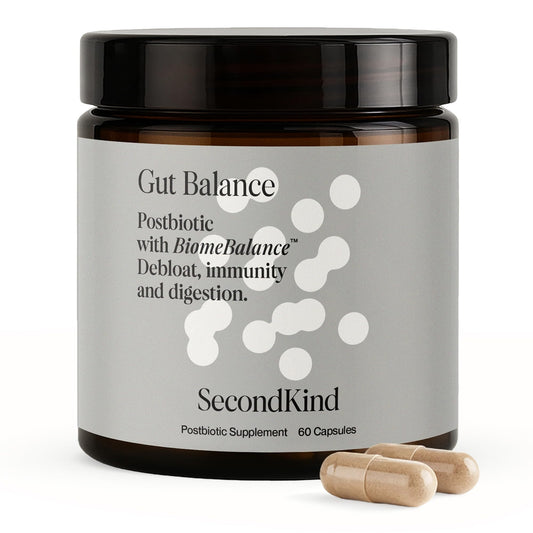 SecondKind gut balance bottle front showing postbiotic capsules for everyday digestive support.