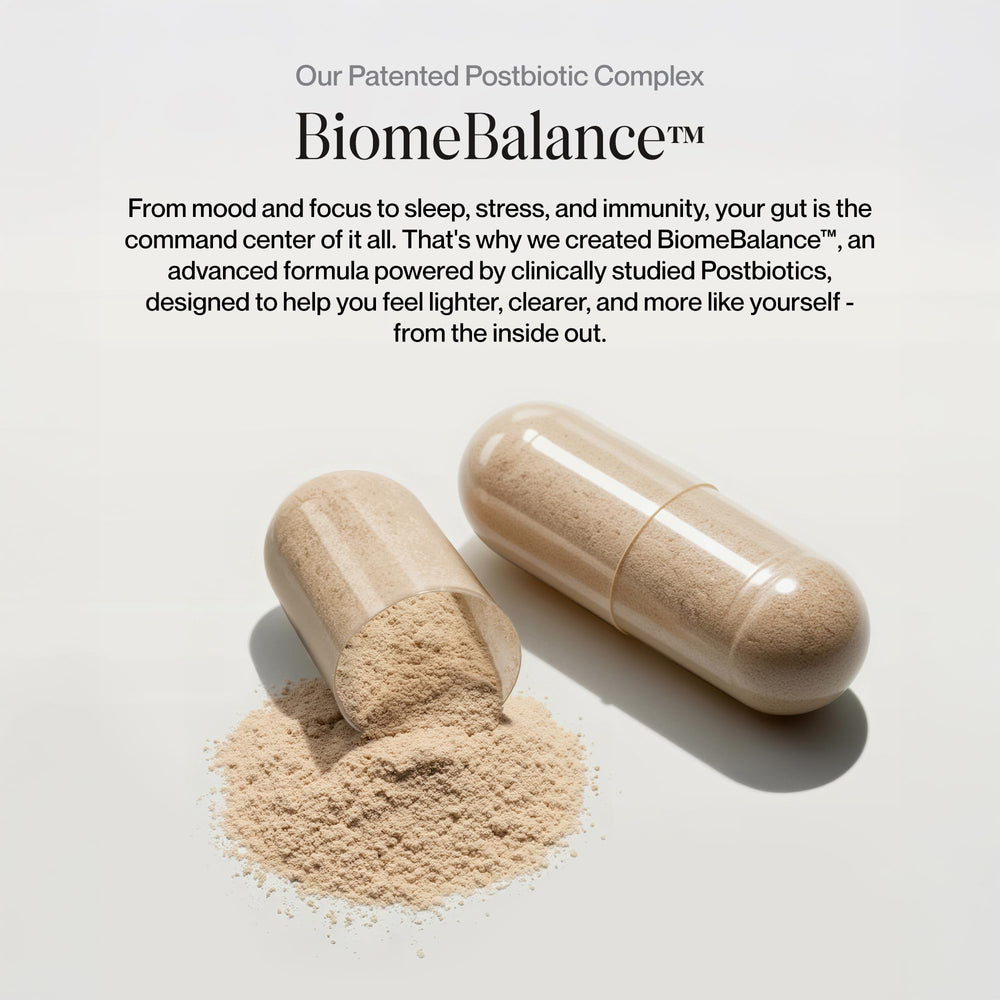 SecondKind postbiotics graphic highlights biology backed balance for microbiome support.