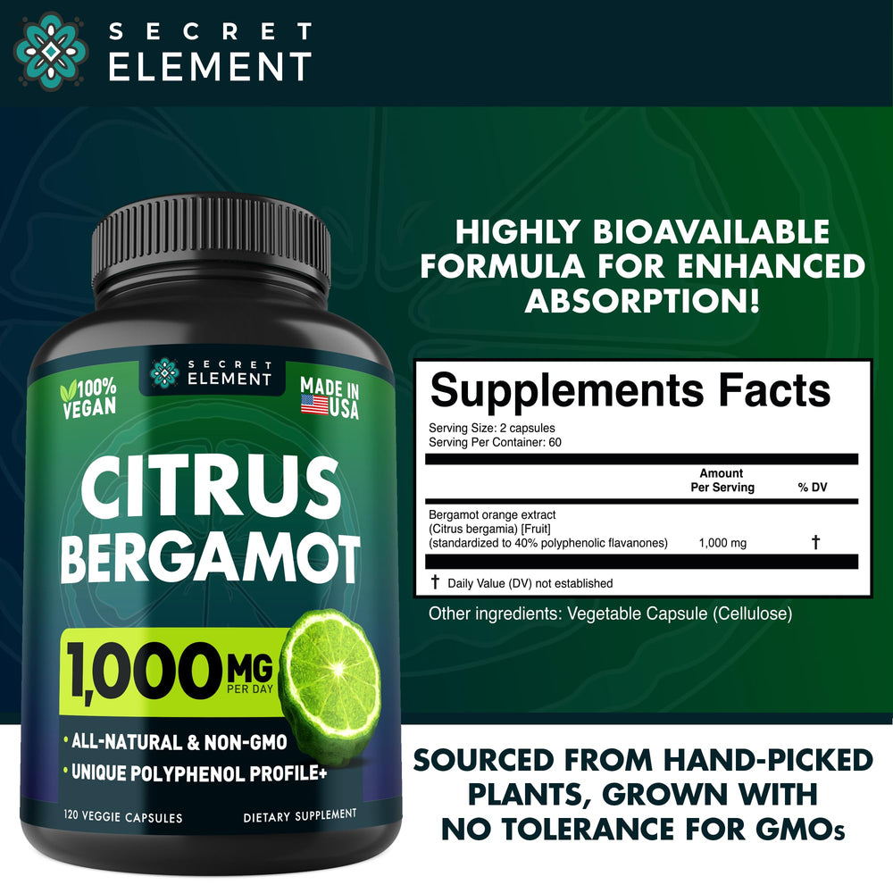 Secret Element bergamot capsules closeup on vegan softgels.