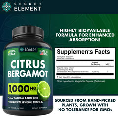 Secret Element bergamot capsules closeup on vegan softgels.