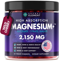 Secret Element magnesium glycinate gummies bottle showing high absorption blend for daily wellness