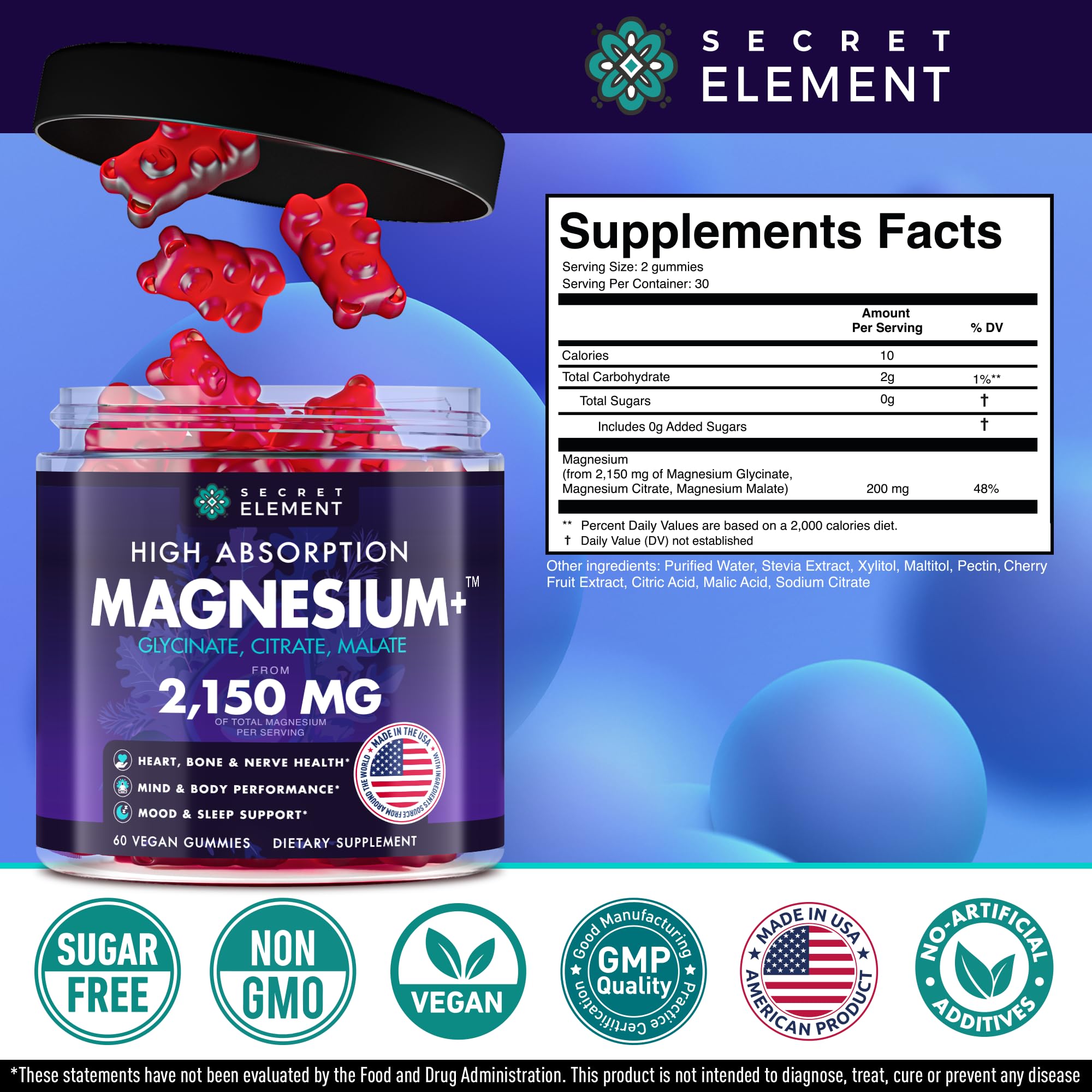 Third-party tested badge on Secret Element magnesium glycinate gummies