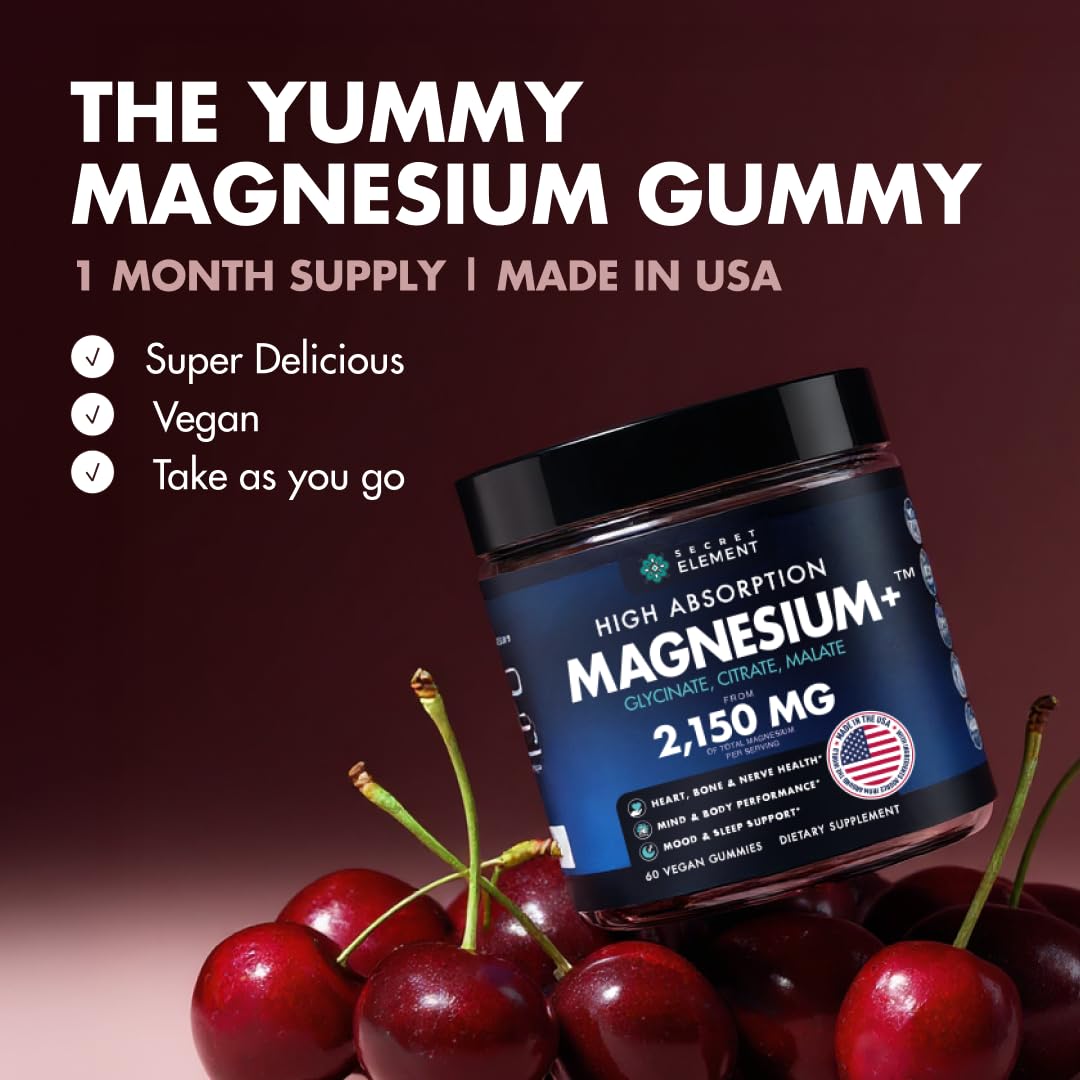 Secret Element magnesium glycinate 2150mg gummies cherry flavor close-up for a tasty routine.