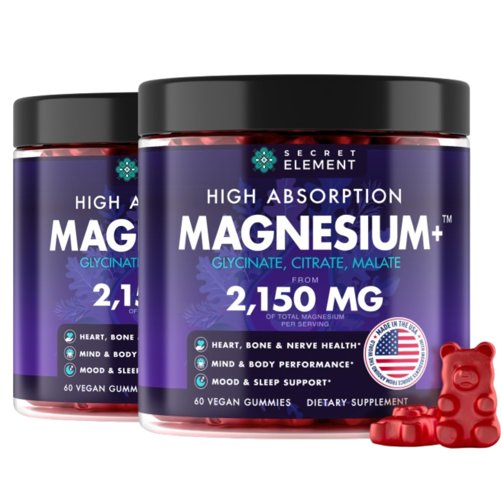 Secret Element Magnesium Glycinate 2150mg gummies on the front bottle for daily wellness support.