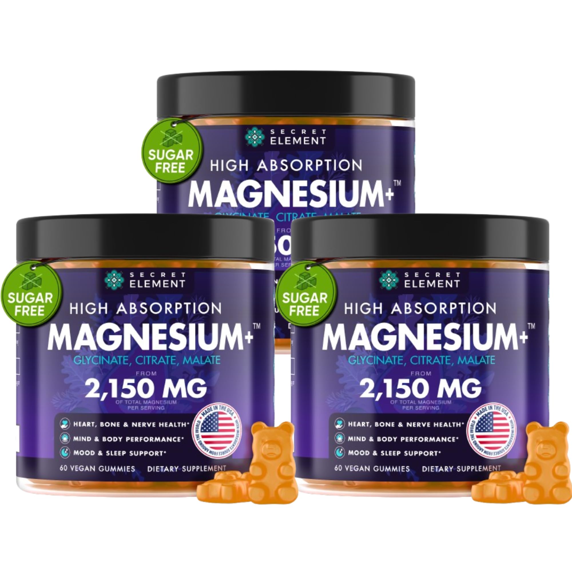 Secret Element magnesium glycinate orange gummies bottle shows high-absorption wellness potential
