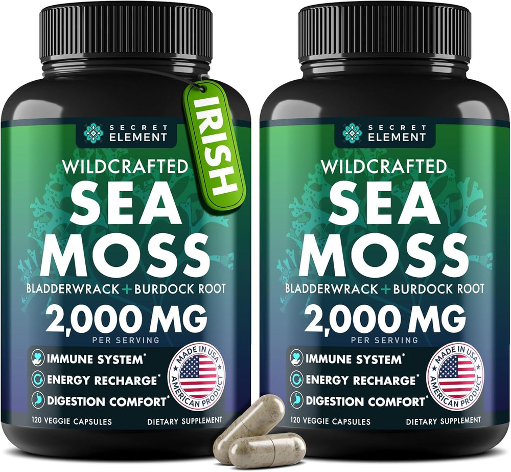Secret Element Sea Moss capsules bottle front—potential immune support and daily energy.